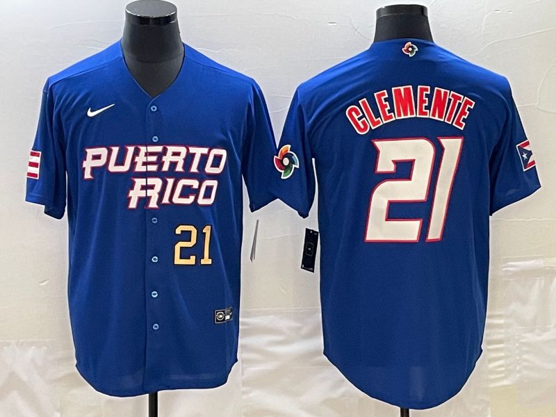 Men 2023 World Cub Puerto Rico 21 Clemente Blue Nike MLB Jersey9